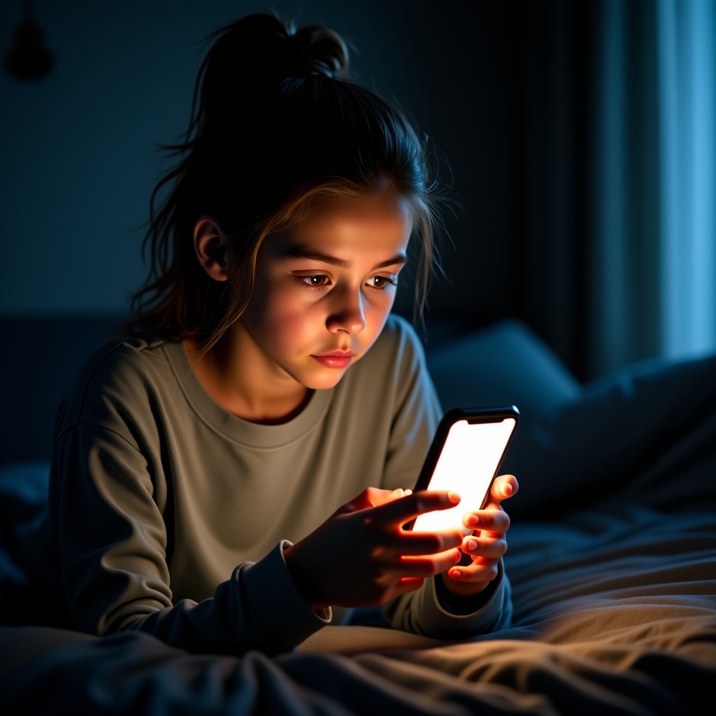 A teenage girl in a dimly lit room staring intensely at a glowing smartphone screen showing social media interface, dramatic lighting from the screen on her face, realistic photography, 4:3