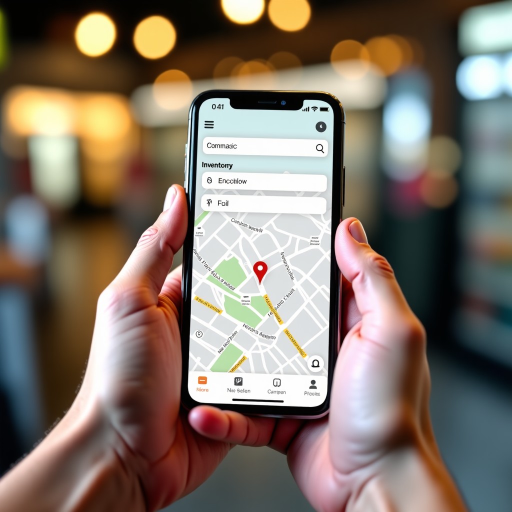 Close up shot of hands holding a modern smartphone displaying a convenience store inventory application with a search bar and a map view. Bright and clean UI. 4:3