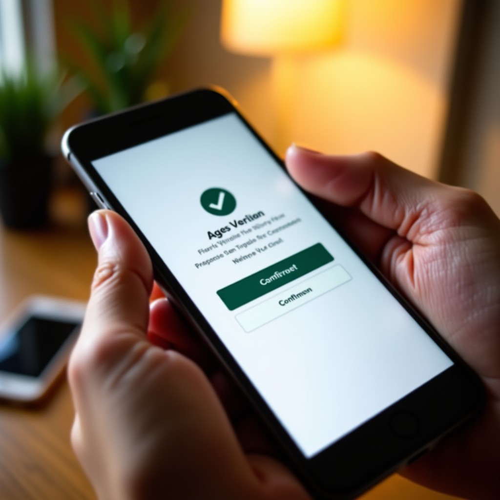 Close-up of a hand holding a modern smartphone showing an age verification screen with a confirm button, natural lifestyle photography, warm lighting, 4:3