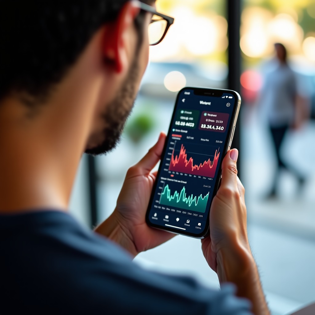 A trendy young person holding a sleek smartphone, watching a colorful short-form video showing stock market charts and financial icons. Modern city cafe background, warm natural lighting, high-quality lifestyle photography. 1:1