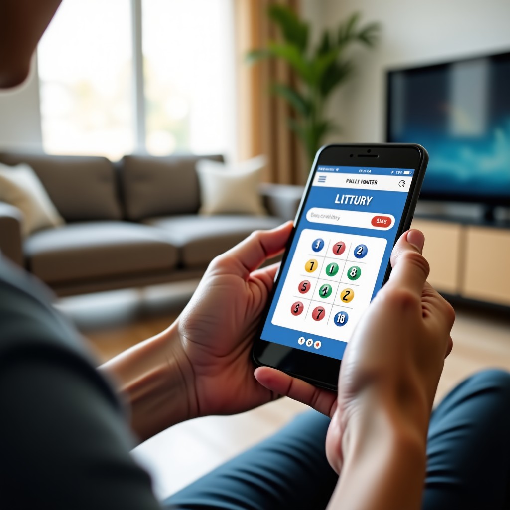 A person holding a modern smartphone in a bright living room, the screen shows a clean and professional lottery website interface with colorful ball icons, high quality lifestyle photography, natural lighting, focused on hands and the device, 1:1