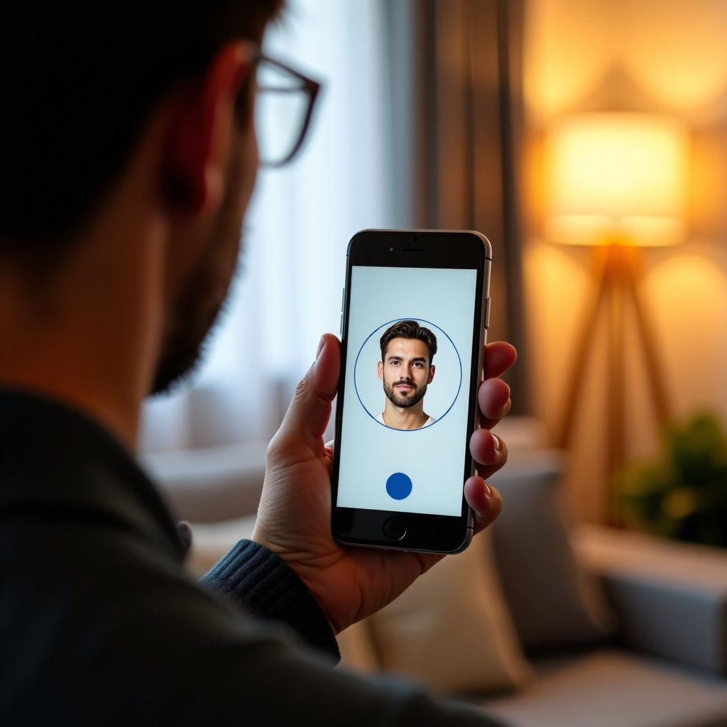 A person holding a smartphone and scanning their face for biometric registration. The phone screen shows a circular frame for facial alignment. Indoor setting, warm home lighting, focused and clean composition, 1:1