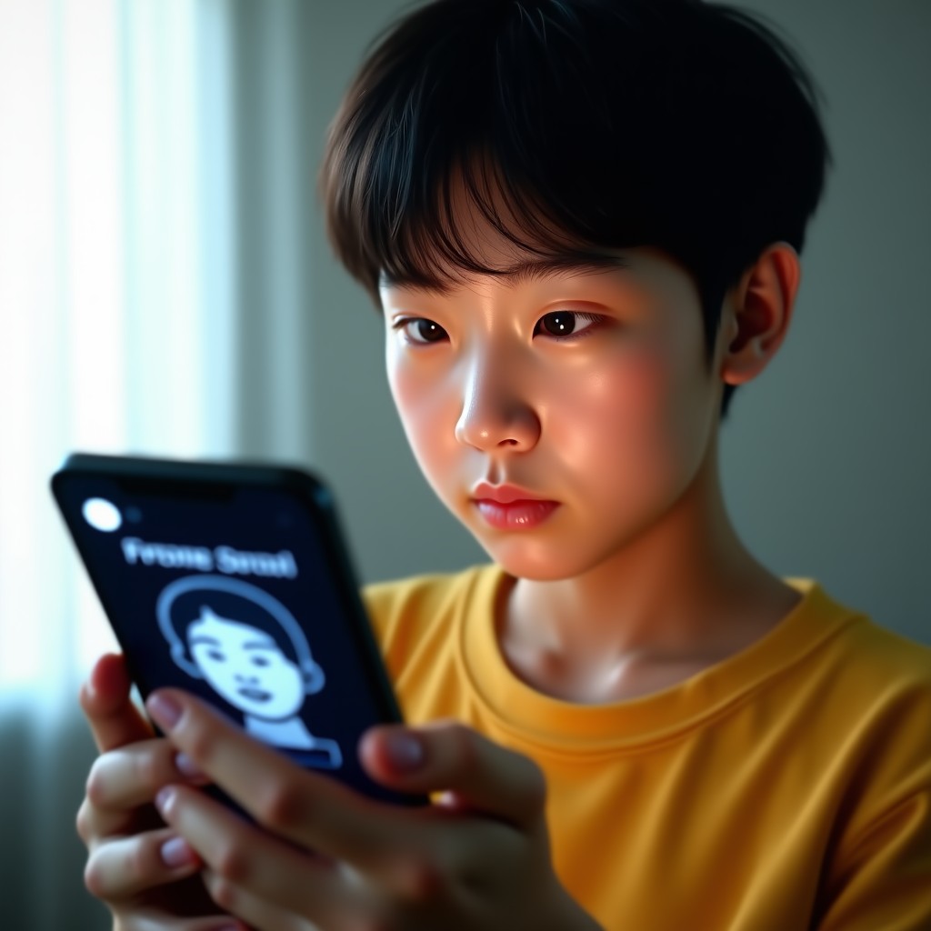 A young adult looking skeptically at a smartphone screen that displays a facial recognition scanning interface. Realistic lifestyle photography, indoor soft lighting, Korean appearance, 1:1.