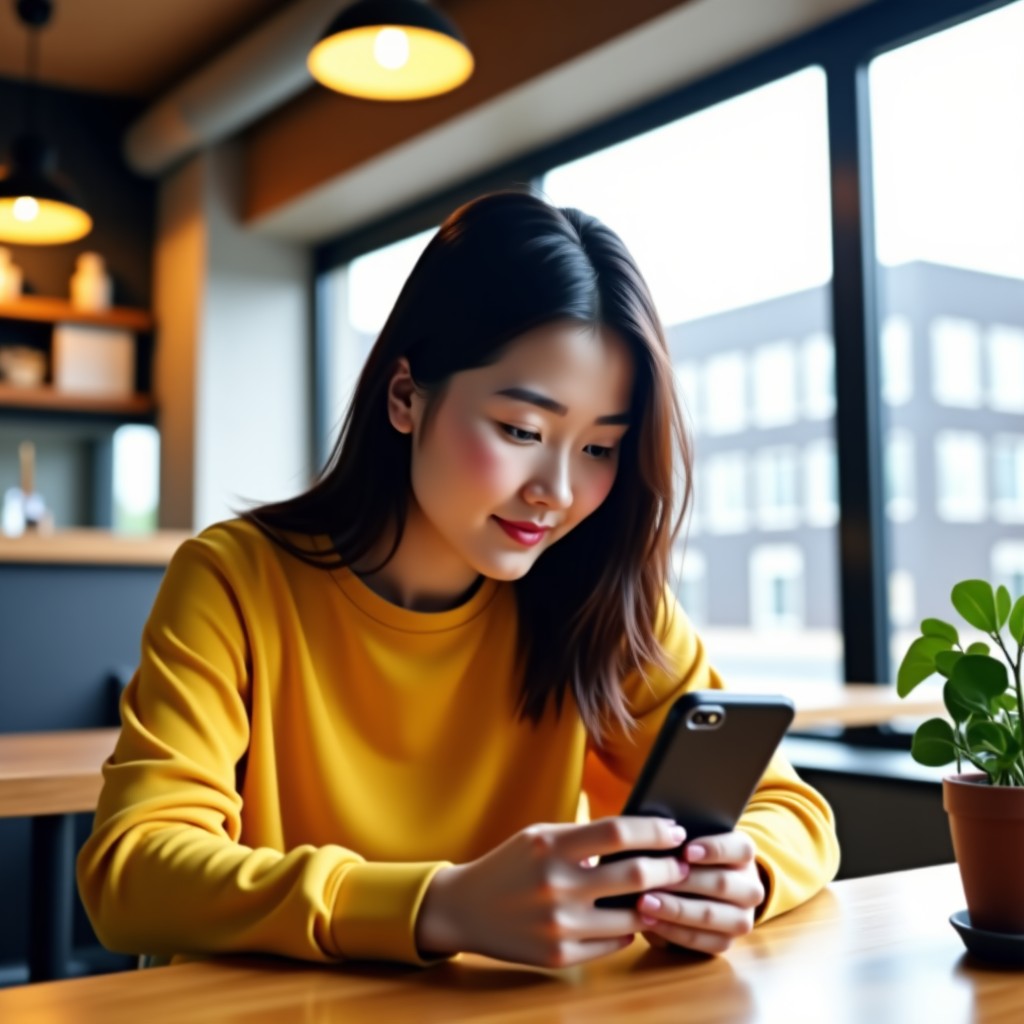 A Korean person focus on learning English using a smartphone app in a bright modern cafe. Natural daylight, warm atmosphere, high-quality lifestyle photography. No text visible. 1:1