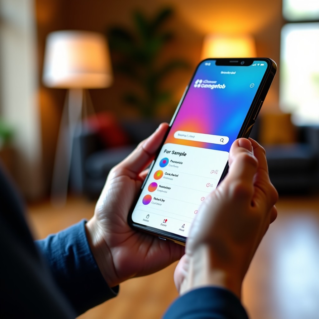Close-up of a person's hands holding a modern smartphone, displaying a colorful event page with buttons for sample application. Bright indoor lighting, soft focus background of a cozy room. 4:3