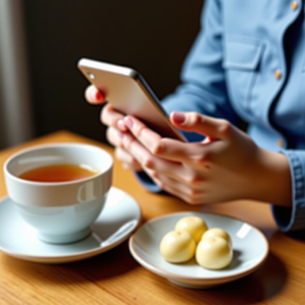 Close-up of a person's hands holding a modern smartphone, typing a message. On the table next to the phone is a cup of traditional Korean tea and some rice cakes. High resolution, 4:3