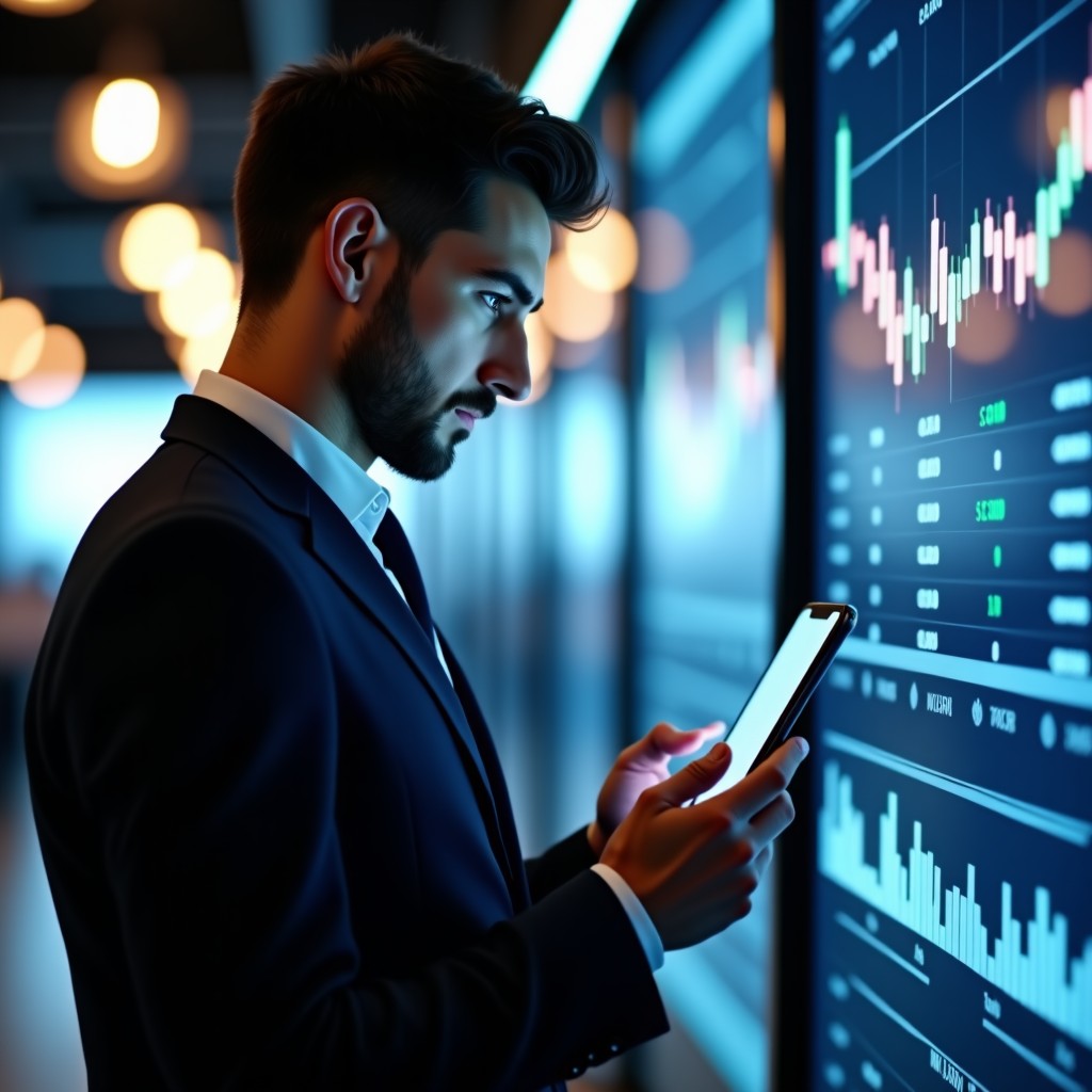 A modern investor checking stock market index data on a smartphone, clean financial app interface, bright and professional lighting, high resolution, 4:3