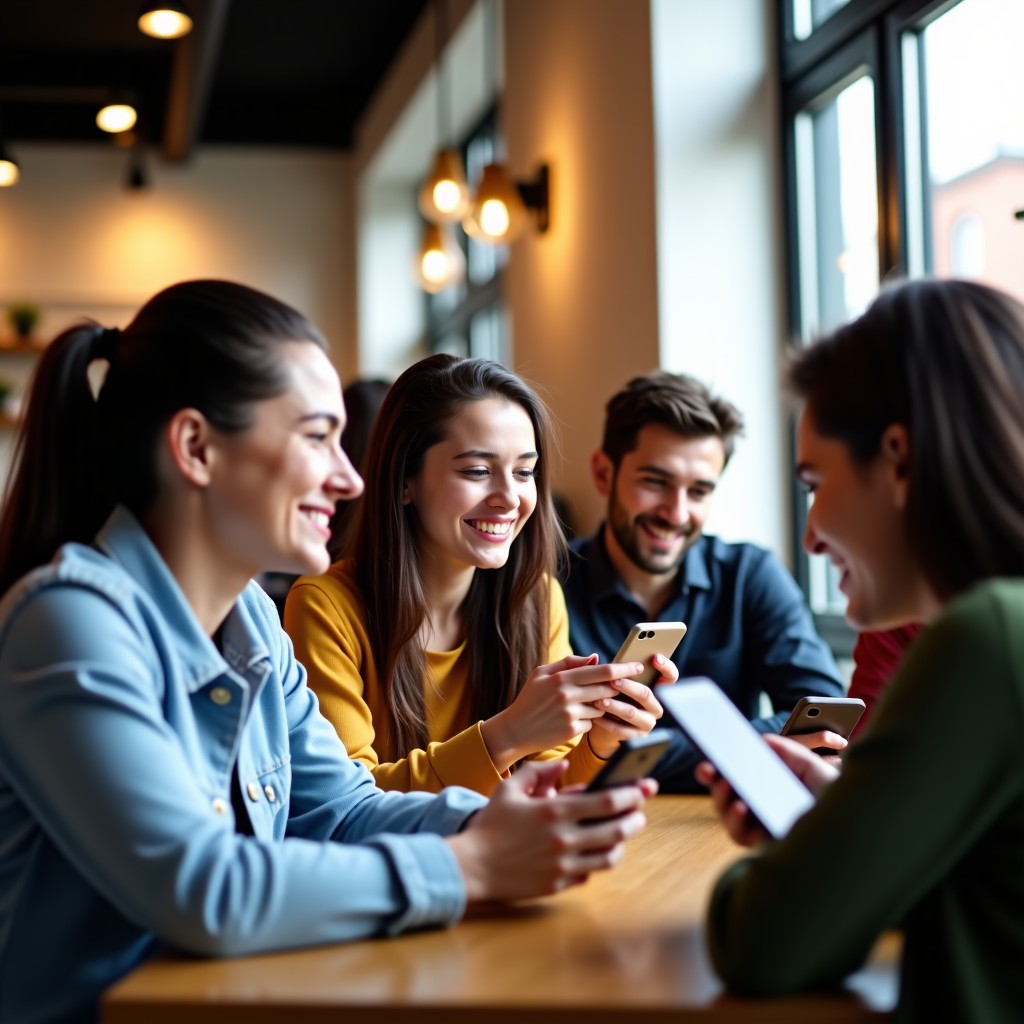 Lifestyle photography of a young woman and a diverse group of people in a bright urban cafe, looking at their smartphones with engaged and smiling expressions, natural lighting, warm atmosphere, focused on the human connection and interaction. 4:3 aspect ratio. NO TEXT.