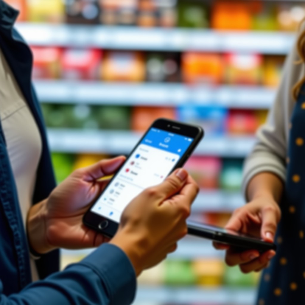 Close up of a person holding a smartphone to pay at a convenience store counter, focus on the screen showing a payment app, vibrant store background, 4:3