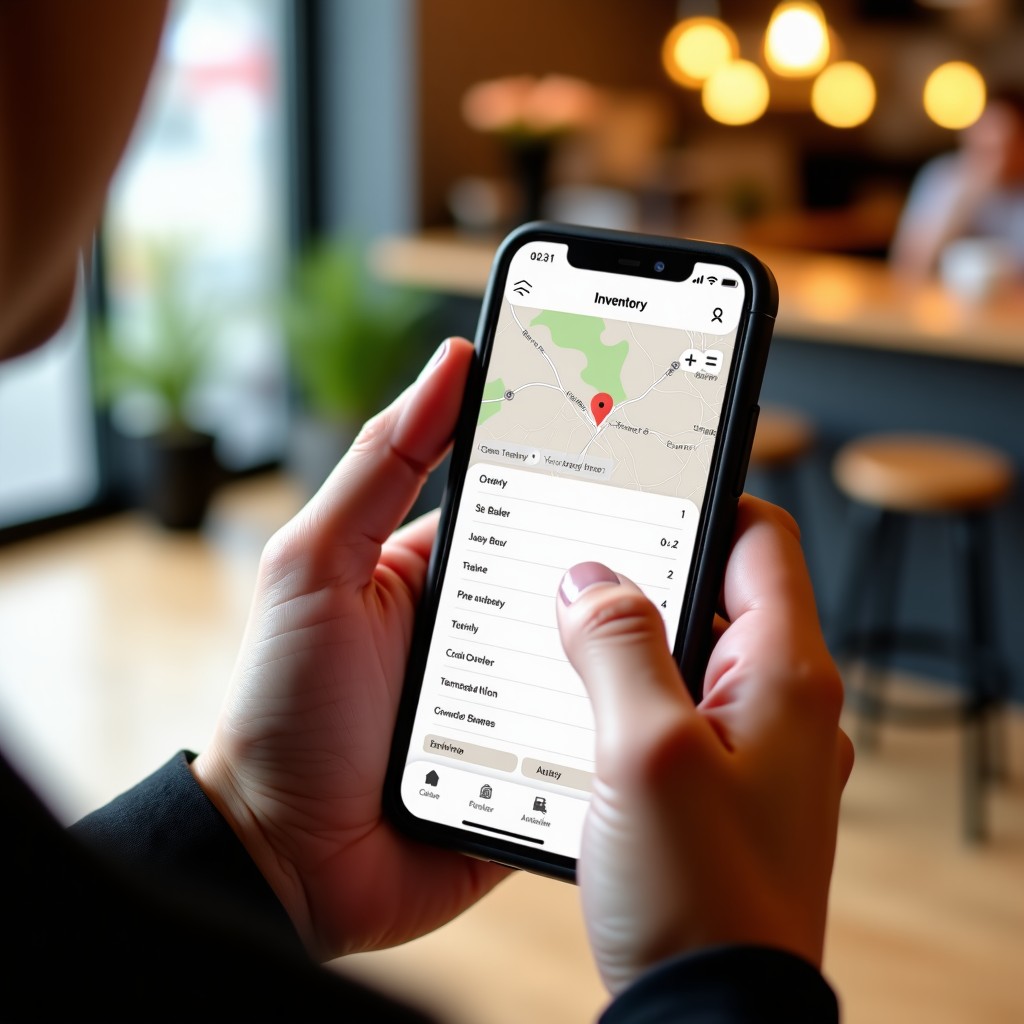 A person holding a high-end smartphone displaying a bakery inventory application with a map, close up shot, natural indoor lighting. 1:1