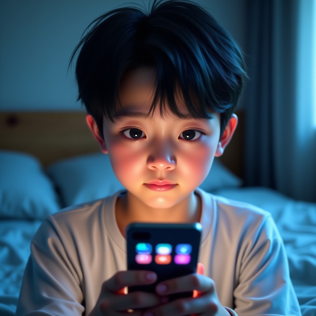 A Korean teenager looking at a smartphone with a worried expression, reflecting colorful app icons on their face, soft bedroom lighting, realistic photography style, 4:3