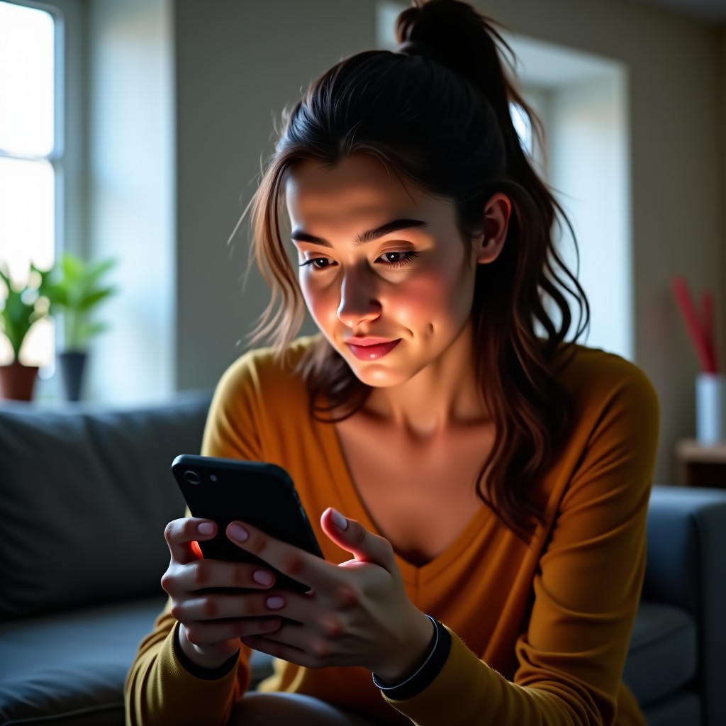 A young woman looking at her smartphone screen with a thoughtful and calm expression in a modern living room with soft natural lighting. The atmosphere is contemplative. High quality photography, 1:1
