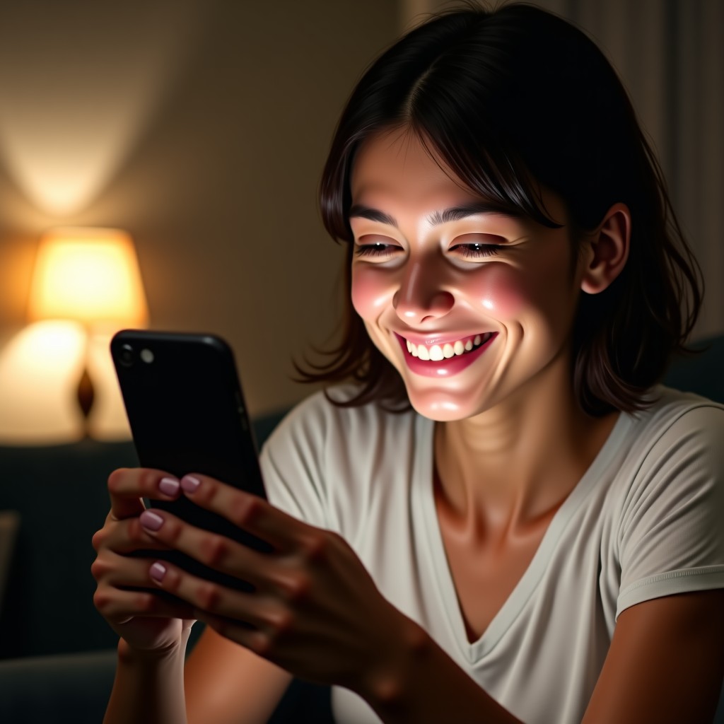 A person looking at a smartphone screen with a shy and happy smile, soft indoor lighting, realistic lifestyle photography. 4:3