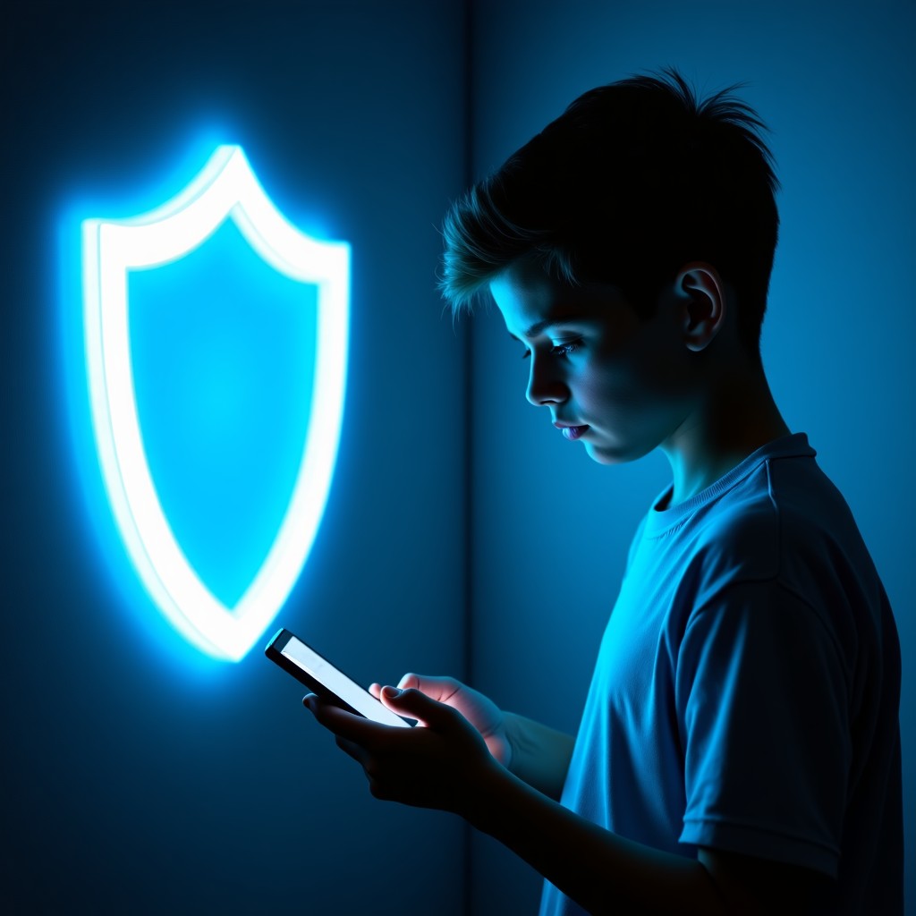 A teenage boy looking at a smartphone with a large glowing blue digital shield icon floating behind him, symbolizing internet safety and protection, cinematic lighting, modern technology atmosphere, high quality photography, 4:3