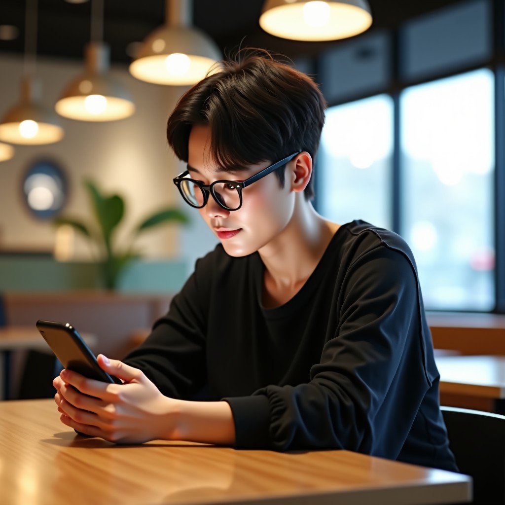 A Korean person sitting in a modern cafe, using a smartphone to interact with an AI chatbot on a messaging app. Natural lighting, lifestyle photography, 4:3