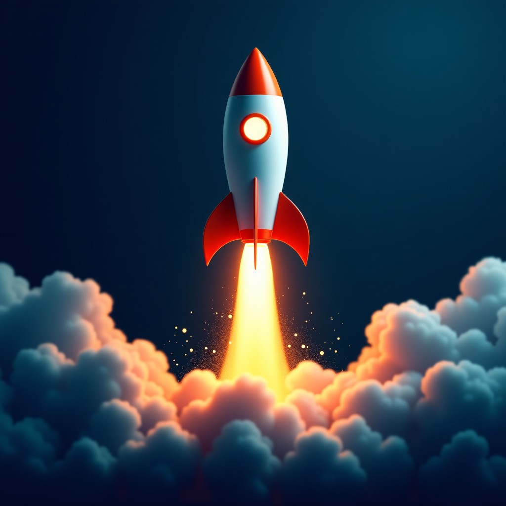 A sleek, modern rocket launching into a dark blue space filled with golden sparks, symbolizing rapid startup growth and Blitzscaling concept, high contrast, cinematic lighting, 1:1
