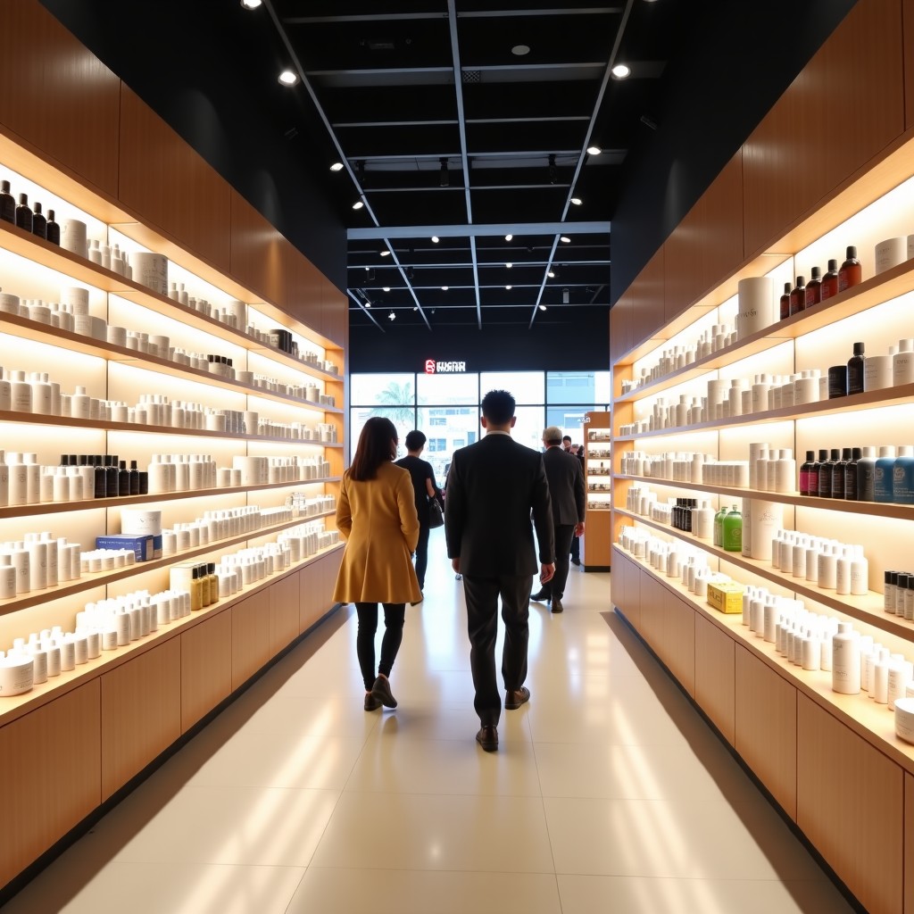 A wide lifestyle shot of a modern beauty outlet store inside a large shopping mall. The store has bright lighting and shelves filled with various skincare products. Korean people are browsing the aisles. The atmosphere is clean and vibrant. High quality photography. 4:3