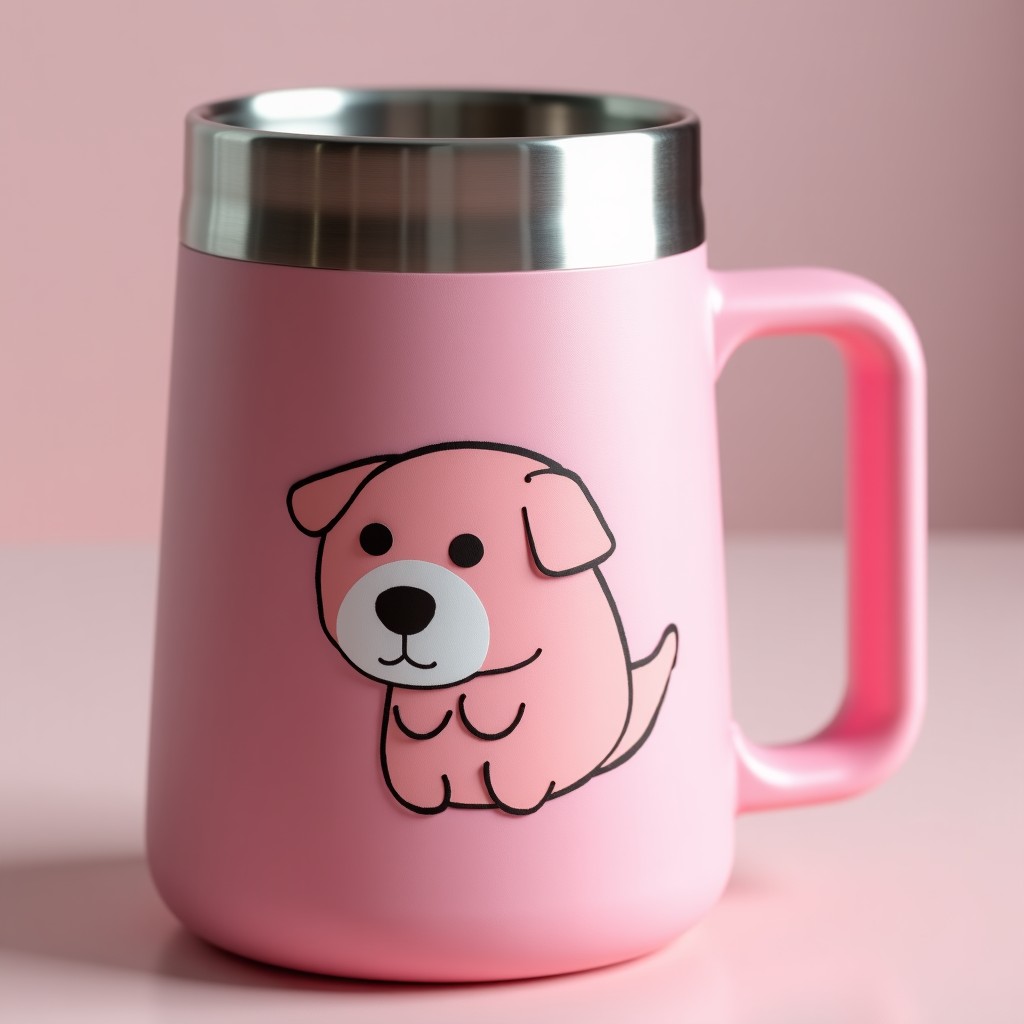 Detailed close up of a high quality pink stainless steel tumbler with a cute character printed on it. The handle is sturdy and the finish is matte and premium. 1:1