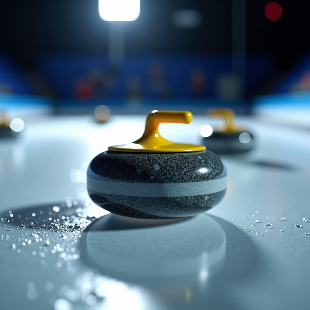 Close-up shot of a granite curling stone striking another stone inside the house. Clear ice texture, dramatic lighting focusing on the point of impact, blurred background of the arena. 1:1