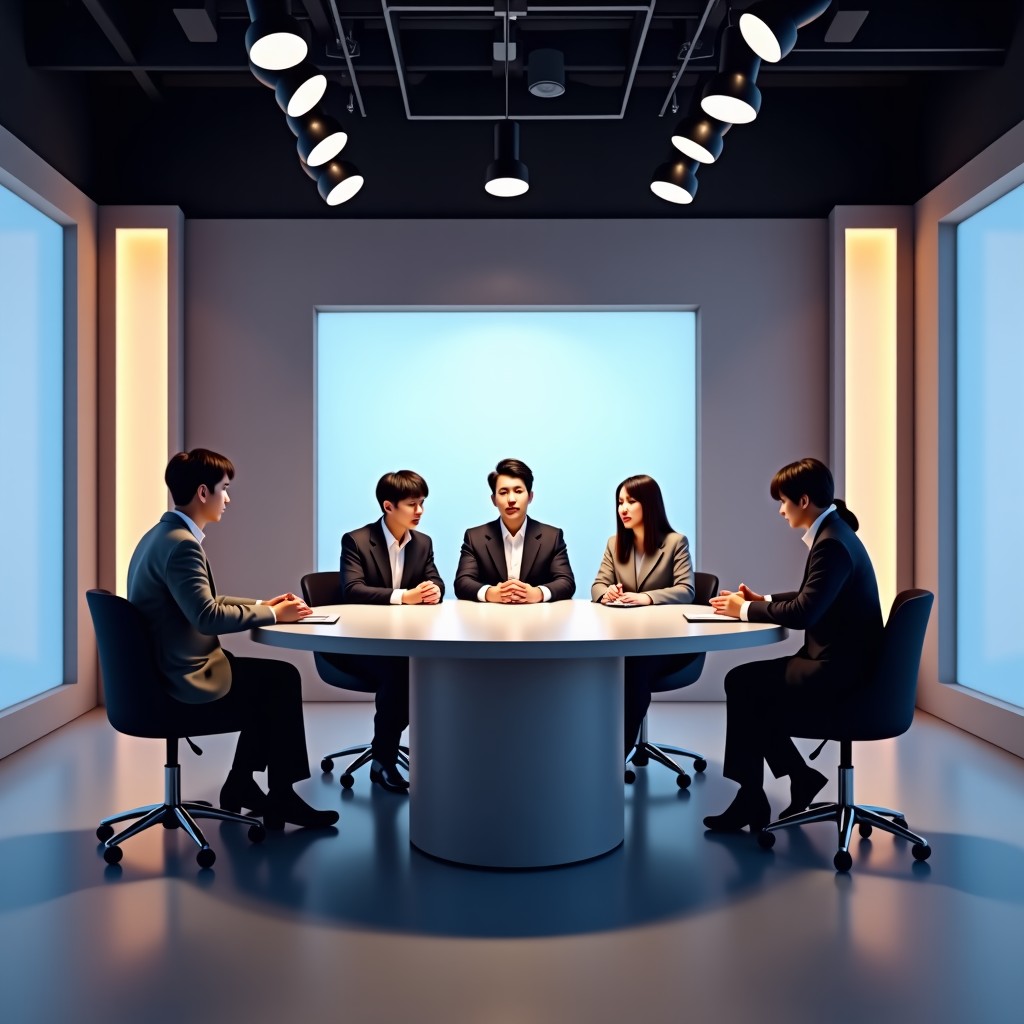 A professional TV talk show studio set with Korean celebrities sitting at a desk, looking concerned and serious. Modern lighting, clean composition. 4:3