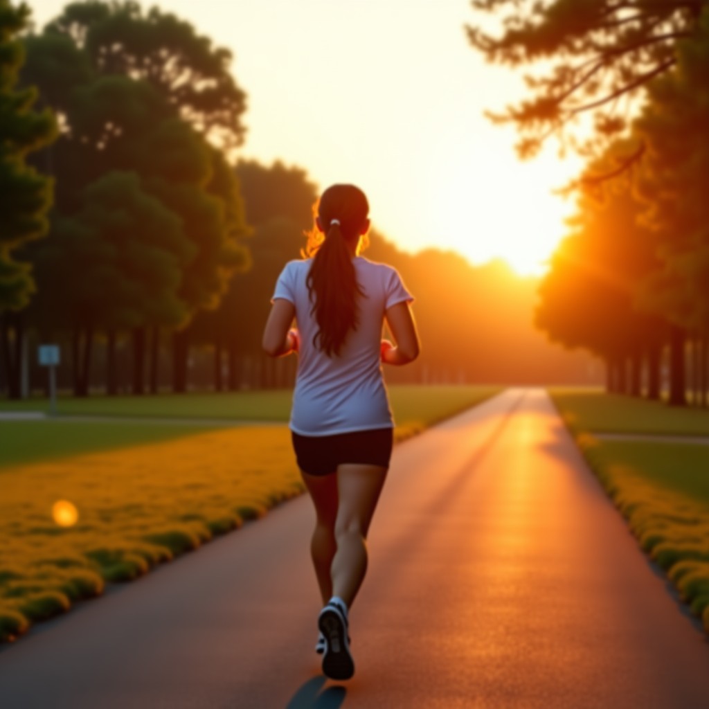 A lifestyle photography showing a person engaging in a healthy outdoor activity like jogging or cycling in a beautiful park during sunset. Warm lighting, peaceful environment, focus on vitality and health. Korean appearance. No text. 4:3