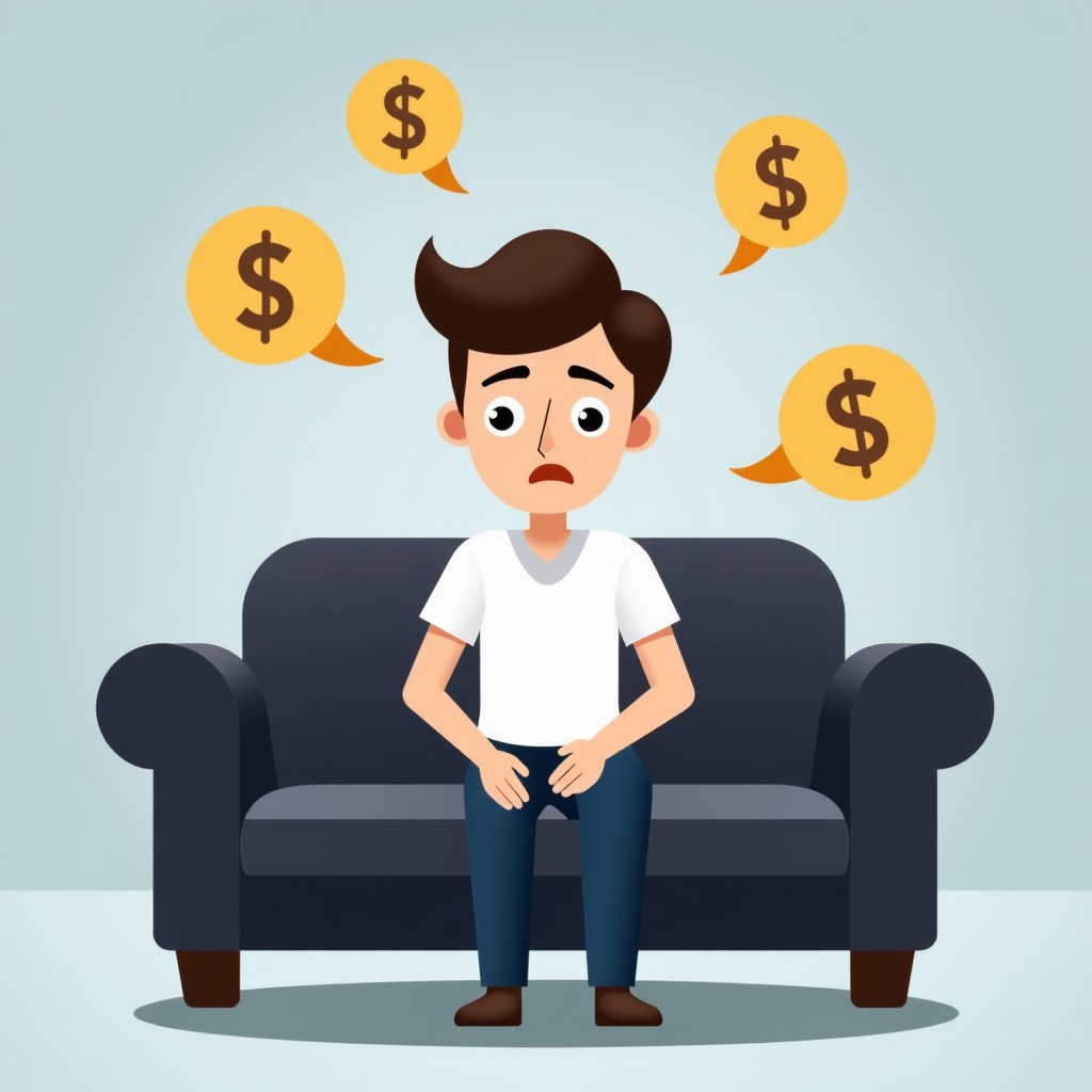 A person sitting on a couch with a worried expression, surrounded by floating icons representing work, money, and family stress. The background is a soft gradient of blue and gray. Aspect ratio: 1:1