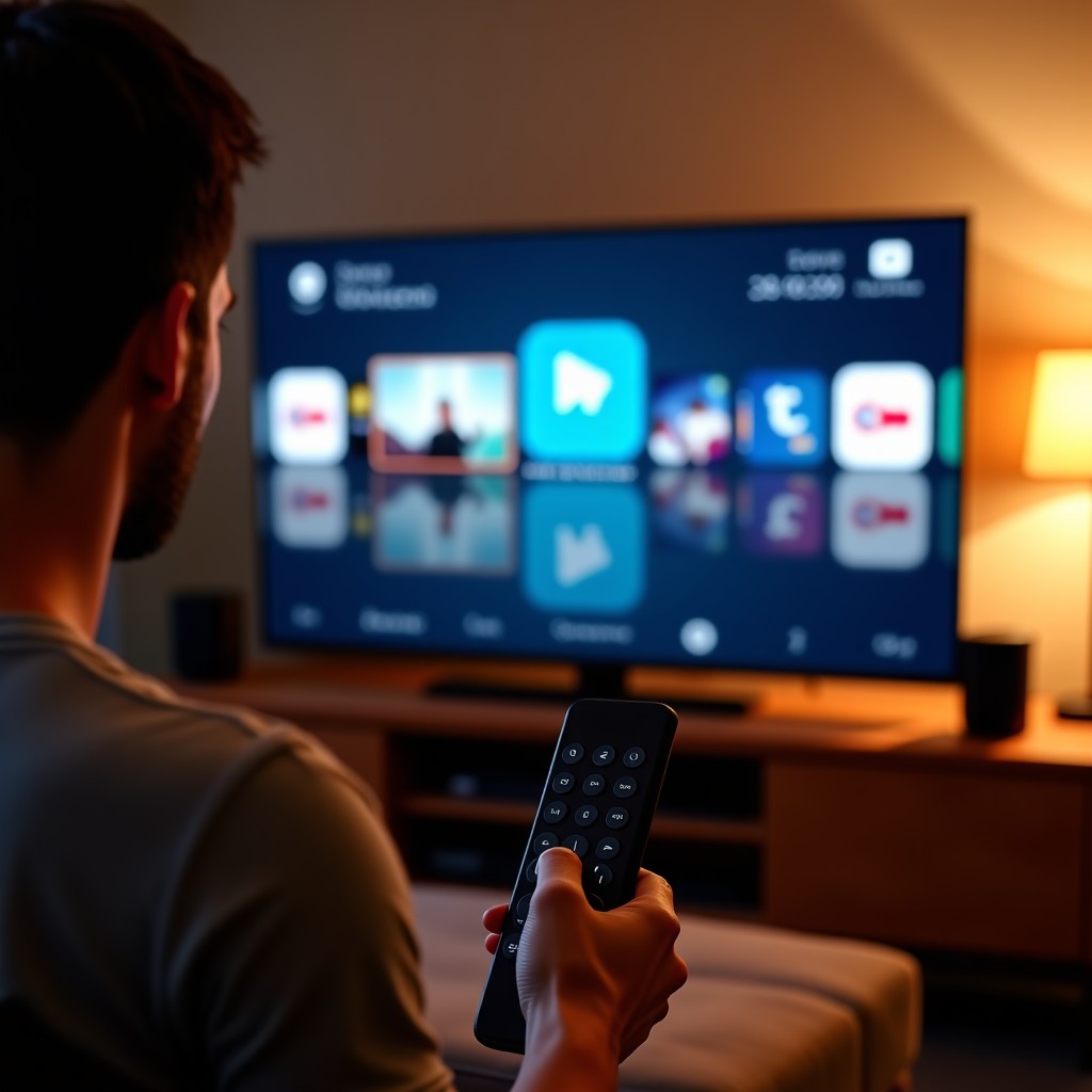 A cozy living room with a large TV screen displaying various streaming apps icons, a person holding a remote control, realistic lifestyle photography, warm indoor lighting, 4:3