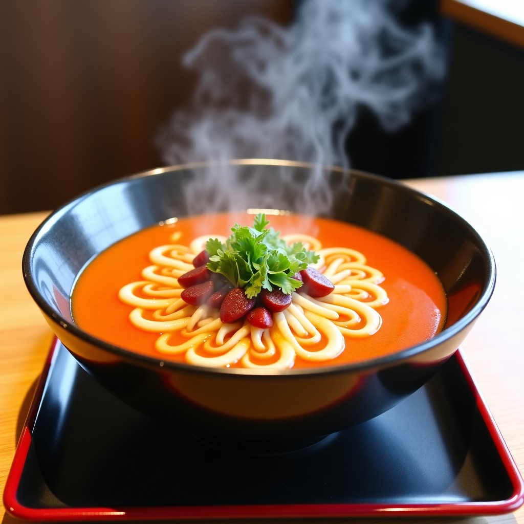 A steaming bowl of spicy Korean ramen with toppings, served on a tray in a clean and modern spa cafeteria setting. Centum Spa Land vibe. 1:1