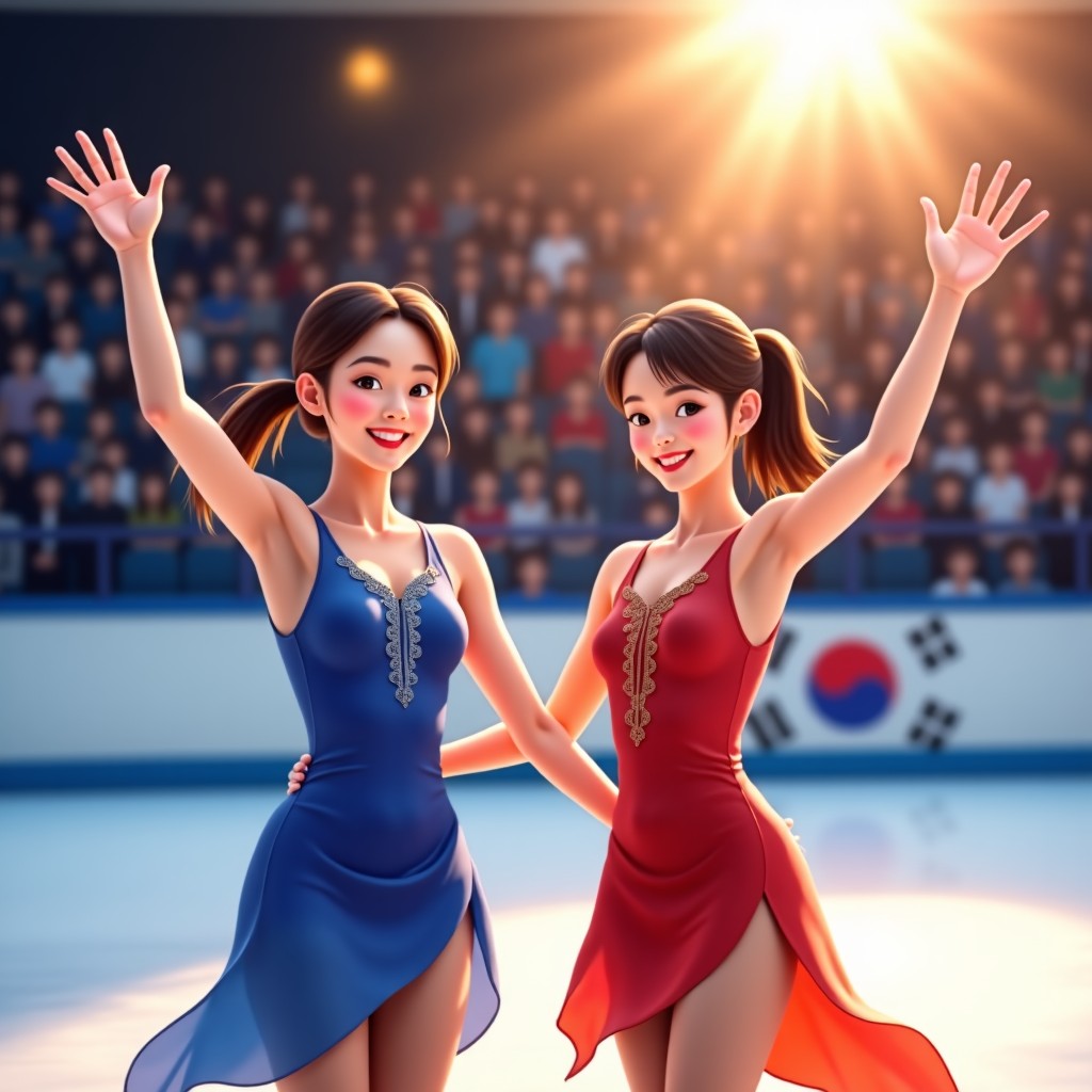 Two beautiful Korean female figure skaters smiling and waving to the crowd together. They are holding a national flag. Bright, joyful atmosphere in a modern skating arena. Warm natural lighting. 4:3