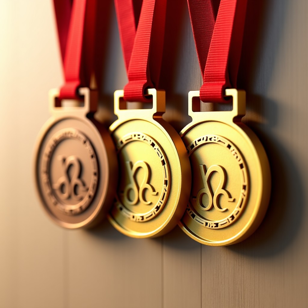 A realistic close-up shot of three Olympic medals - two gold and one bronze - hanging side by side on a neutral wooden background. Natural daylight hitting the surface, detailed textures on the ribbons. 1:1