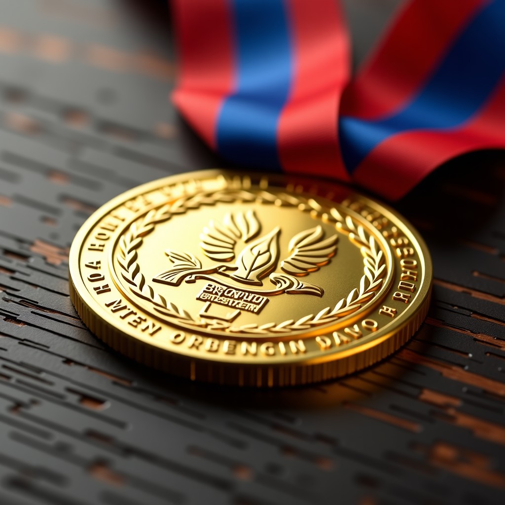 Close-up of a gold medal with a red and blue ribbon resting on a textured dark wooden surface. The gold reflects warm light, showing intricate details and patterns on the medal's surface. Professional product photography style, high contrast, 1:1.