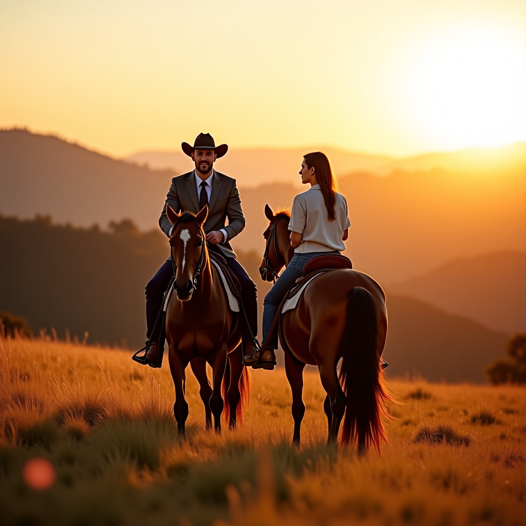 Lifestyle photography of a fashionable man and woman riding horses together in a scenic hilly landscape. Warm golden hour lighting, natural setting, high-fashion outdoor outfits, serene atmosphere. 4:3