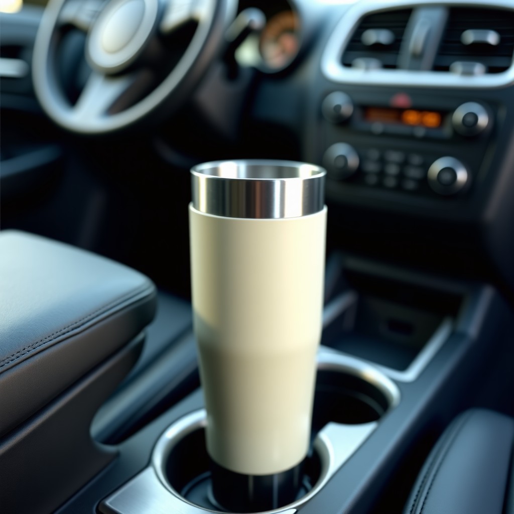 A cream colored Stanley Quencher tumbler sitting securely in a car cup holder between the front seats. Interior of a modern car. Soft daylight. Realistic photography. 4:3