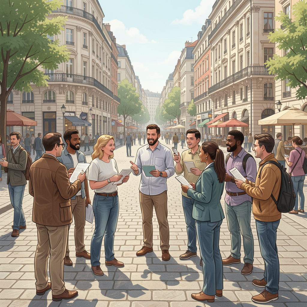 A diverse group of people discussing news on a public square, realistic illustration style, 4:3