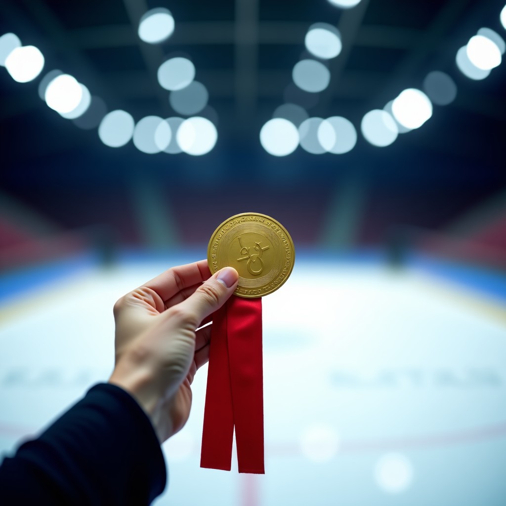 Close up of a hand holding a gold medal with a red ribbon. In the background a blurry ice rink with stadium lights can be seen. High contrast detailed composition. No text. 1:1