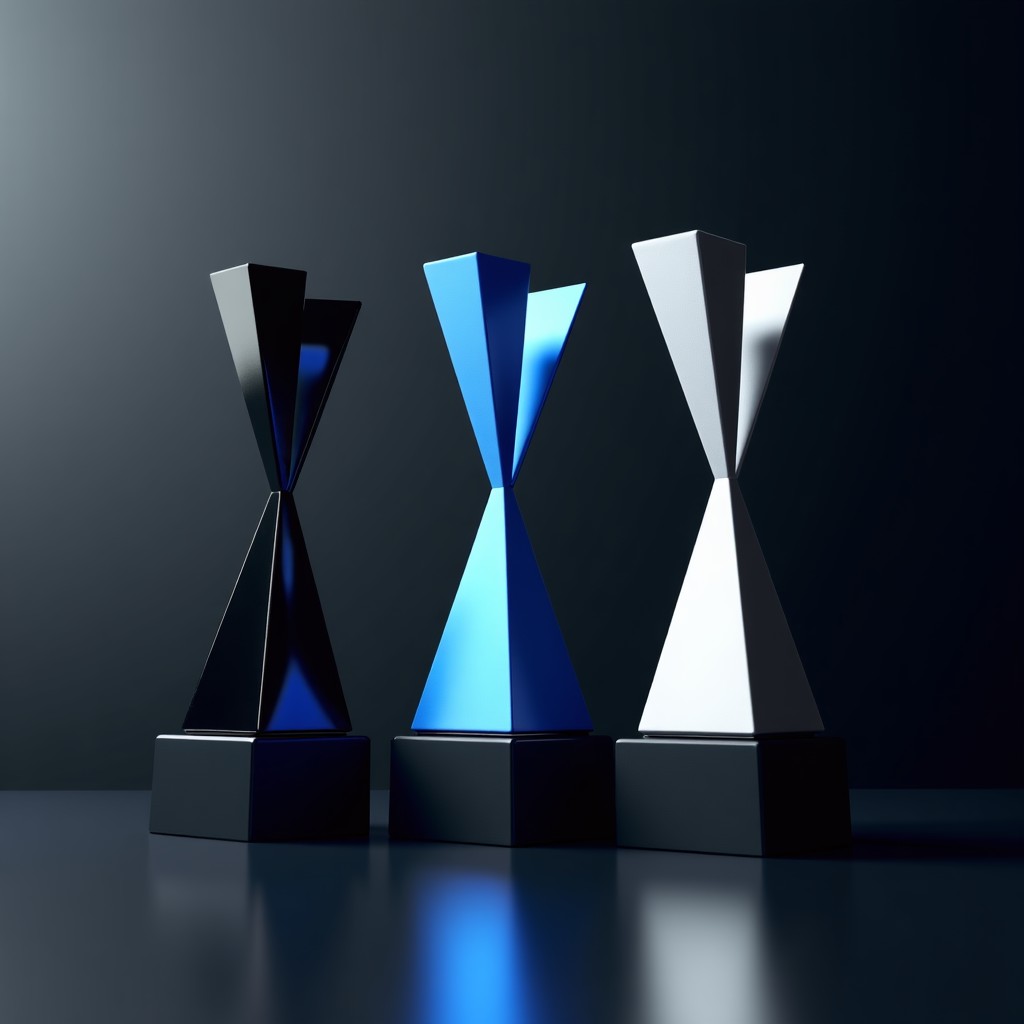 Three elegant award trophies in black, blue, and silver colors, minimalist and modern design, placed on a dark reflective surface with soft lighting, sophisticated atmosphere, 4:3
