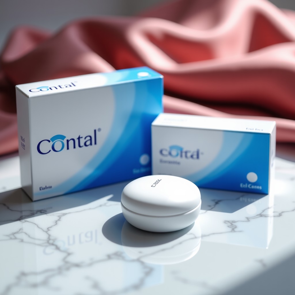 Professional product photography of stylish contact lens packaging and lens cases on a clean marble surface with decorative soft fabrics, elegant and bright lighting. 4:3