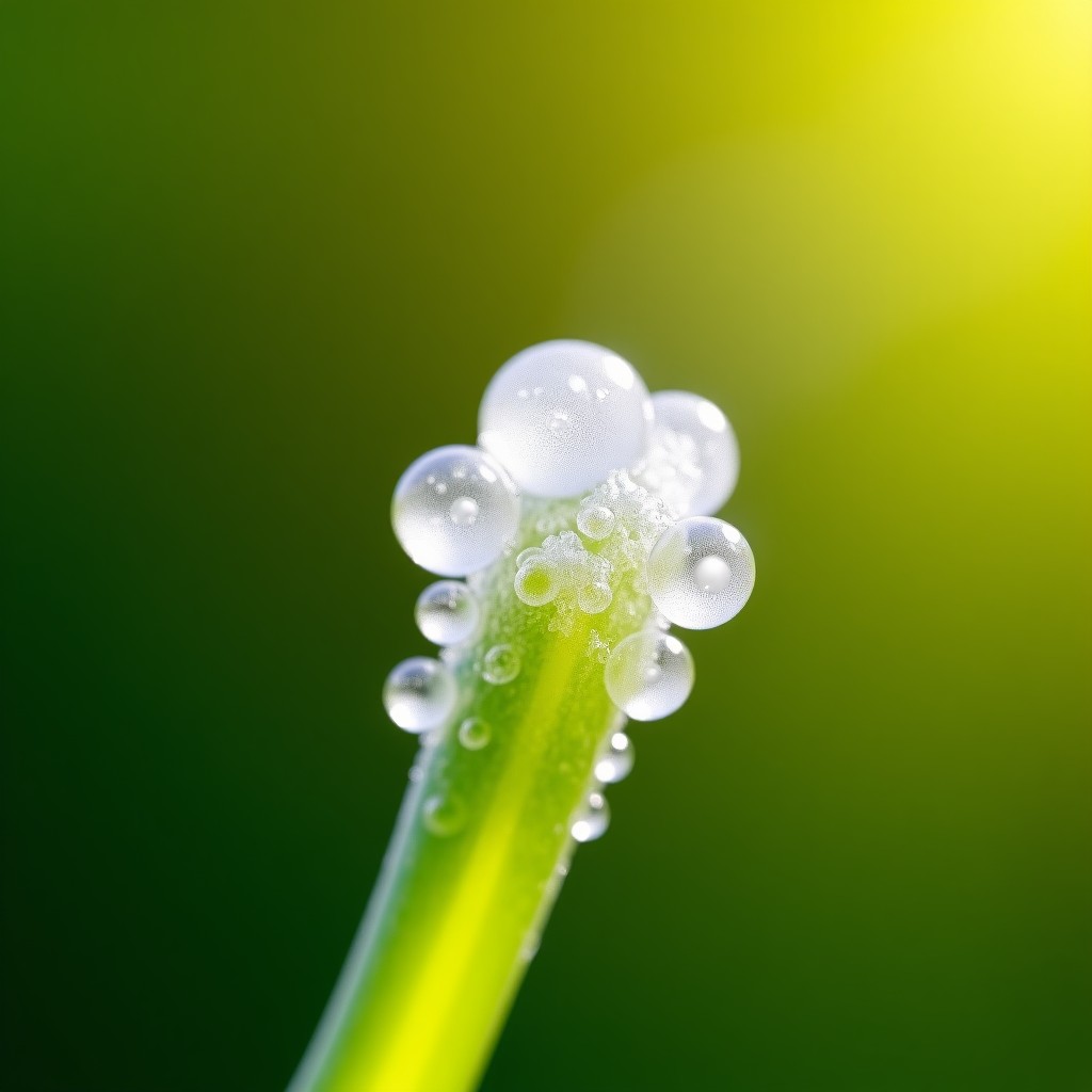 A close-up high-quality macro photograph of white bubbly foam created by a spittlebug on a vibrant green plant stem in a sunny garden. The foam looks like a cluster of tiny soap bubbles. Natural morning light, shallow depth of field, vivid green background. 4:3