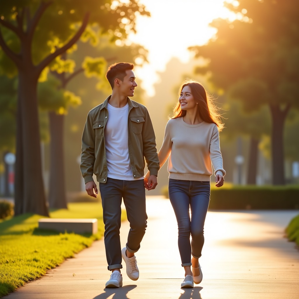 A Korean man and woman walking comfortably together in a bright sunlit park after a meal, natural expressions, lifestyle photography, warm and peaceful atmosphere, 4:3