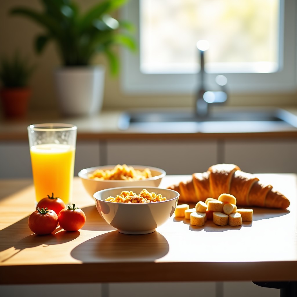 A bright and modern kitchen table with a mix of various foods including a bowl of cereal, a croissant, a glass of juice, and some processed snacks. The lighting is natural and warm, high-quality lifestyle photography. 1:1