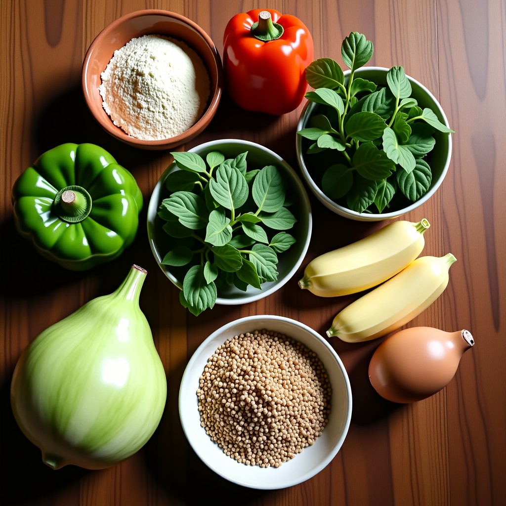 A top-down view of a wooden dining table with a variety of healthy foods including green vegetables and whole grains, soft natural lighting, lifestyle photography style, 4:3