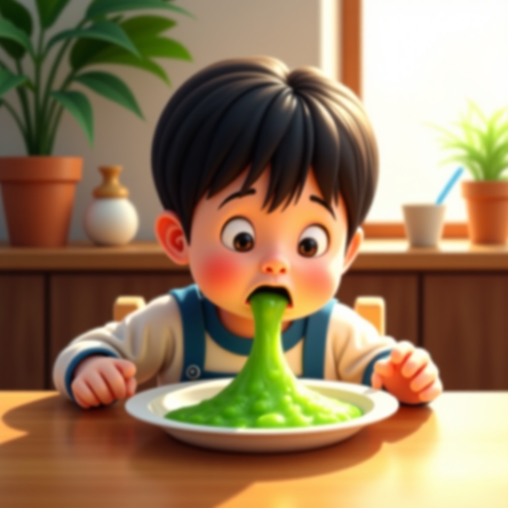 A cute Korean child sitting at a dining table looking at a plate of green slimey food with a funny disgusted facial expression bright natural indoor lighting warm atmosphere 4:3