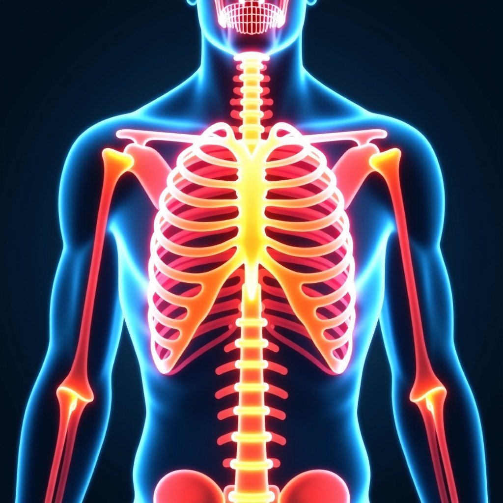 An artistic illustration of the human rib cage with glowing neural pathways highlighting the left flank area textured background with a professional medical feel 1:1