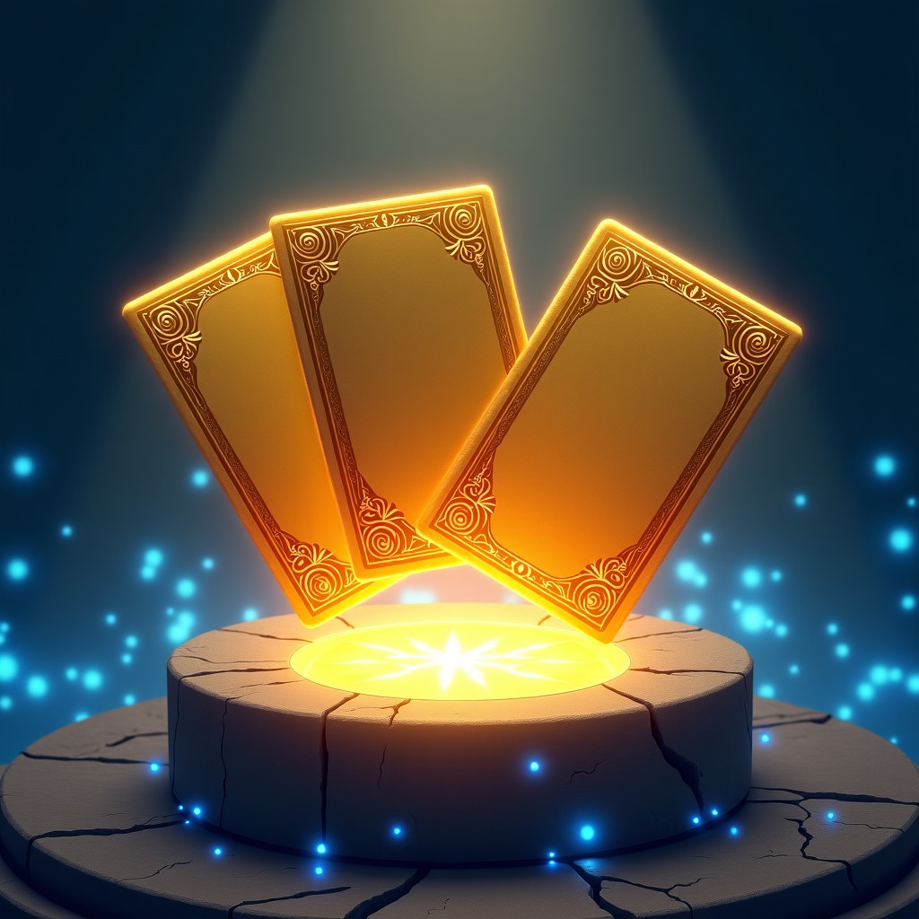 Golden magical cards with glowing runes floating above an ancient stone altar, mystical blue particles, high detail fantasy concept, 4:3