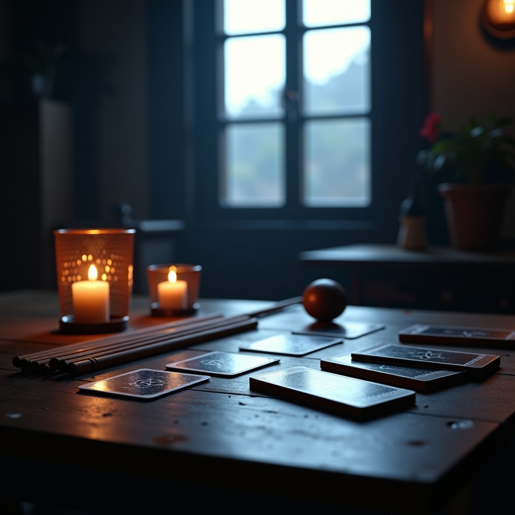 Mysterious oriental divination tools like wooden sticks and tarot cards on a dark wooden table with soft moonlight shining through a window. Cinematic lighting, mystical atmosphere, 4:3
