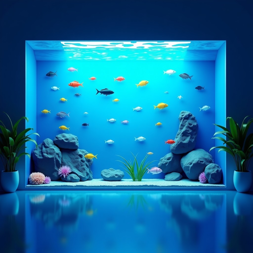 A modern aquarium interior with a giant fish tank filled with colorful fish and blue water, soft blue lighting reflecting on the floor, calm and romantic atmosphere, high resolution, 4:3