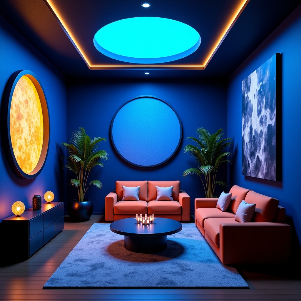 A modern and mystical room for fortune telling with blue and gold ambient lighting, traditional Korean shamanic artifacts mixed with modern interior design, high contrast, visually rich, 4:3