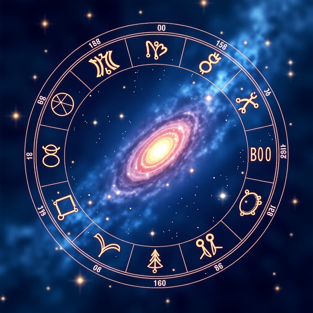 A mystical and detailed illustration of a Natal Chart overlaid on a cosmic galaxy background with stars planets and zodiac signs vibrant deep blue and purple tones cinematic lighting high resolution 4:3