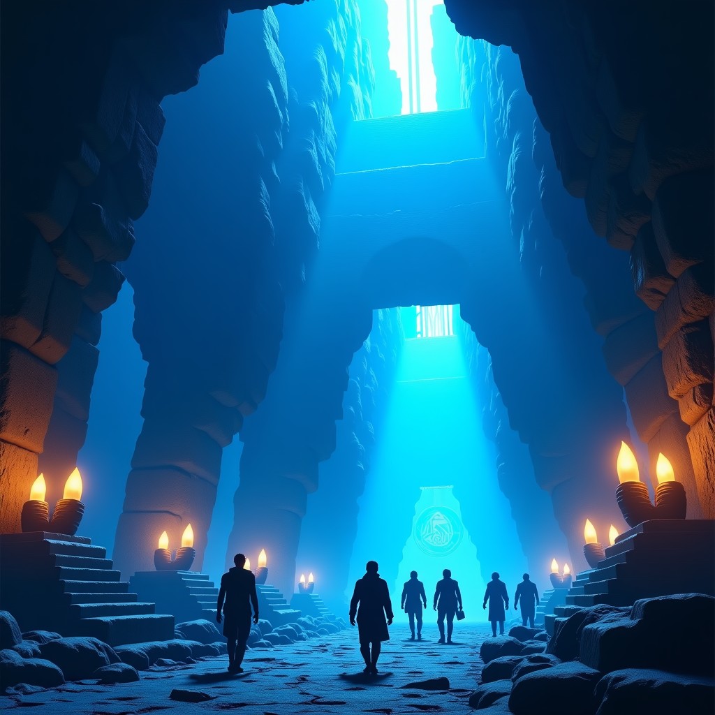 Adventurers exploring a glowing ancient temple interior, blue light beams, detailed stone carvings, cinematic atmosphere, 4:3