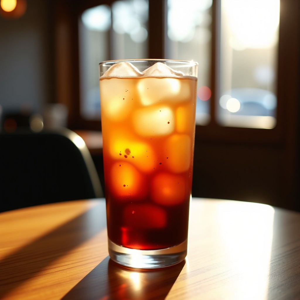 A refreshing glass of iced americano on a wooden cafe table with sunlight streaming in. Soft blurred cafe background, realistic texture of ice cubes and condensation on the glass, 4:3